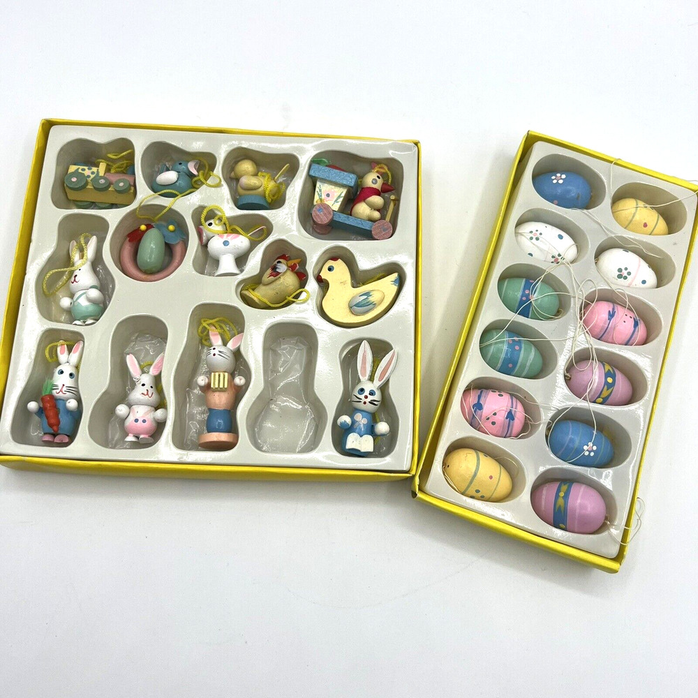 Vintage Miniature Wooden Easter Tree Ornaments Lot of 25 Egg Bunny Rabbit Chick